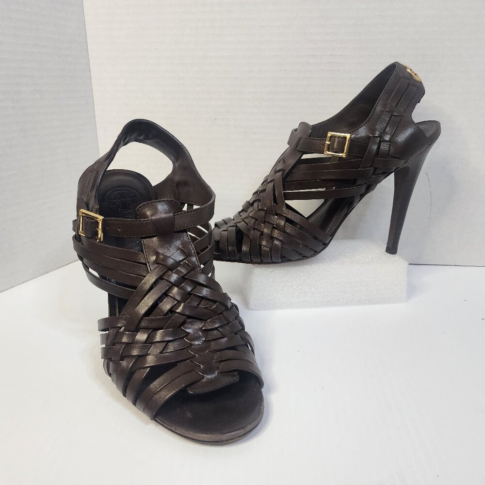 Tory Burch Leather Slingback open toe brown sandal heels size 8M